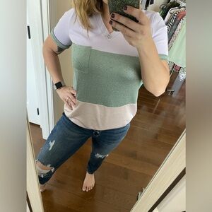 NWT purple metallic green tan colorblock vneck shirt sleeve top